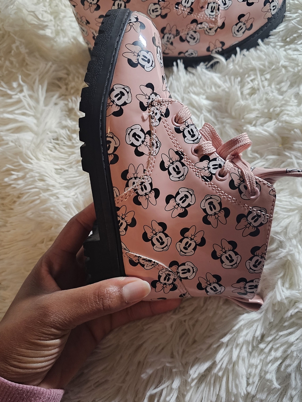 Pink Minnie Mouse Print Kids Lace-Up Boots